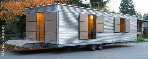 A portable, collapsible shelter system for homeless populations, made from insulated aluminum siding, providing temporary housing that is easy to deploy and relocate as needed photo