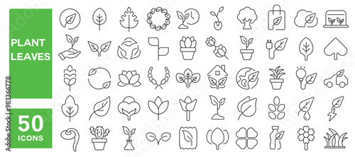Set of 50 line icons related to plant leaves, leaf, floral, green, tree, grass, garden, growth, botany, herb, seed, soil, root, bloom, cactus, Editable stroke. Vector illustration