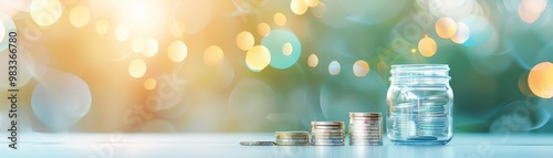 A jar and coins on a surface, with a soft-focus background, emphasizing savings and financial growth. photo