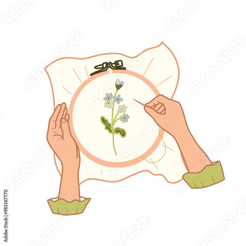 Female Hands embroidering on a Hoop Flowers, Needlework, Embroidery composition. Vector Flat, hand drawn illustration isolated on a white background. Vintage Style.