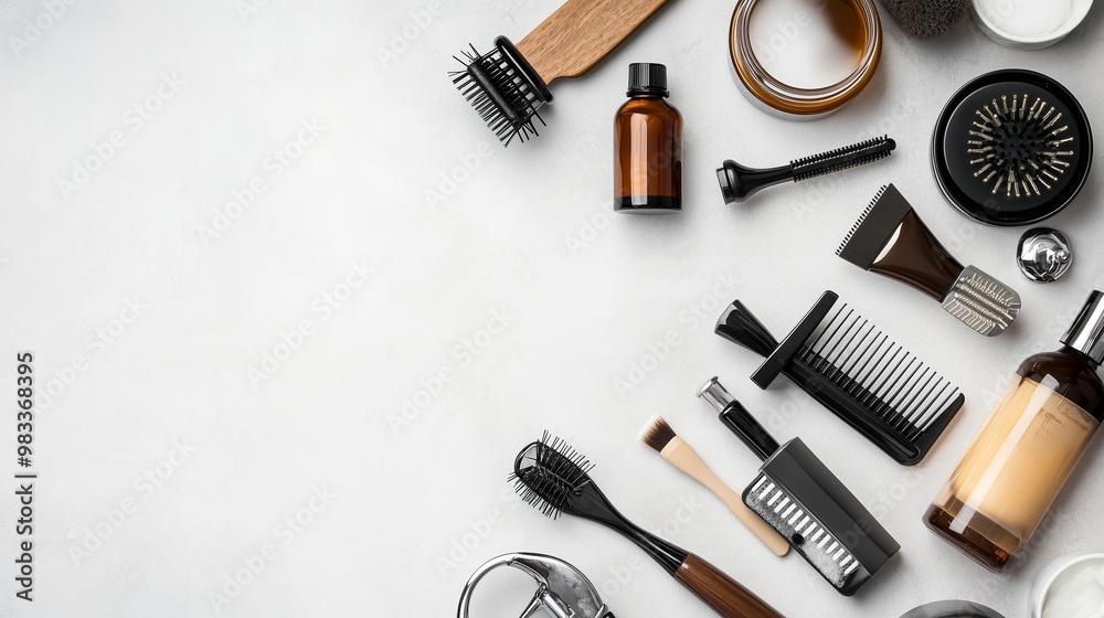 A curated collection of hair styling tools and products arranged on a neutral background in a modern salon setting A curated collection of hair styling tools and products arranged on a neutral background in a modern salon setting