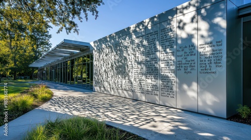 A public library exterior designed with aluminum siding that features cut-outs of literary quotes, casting inspiring shadows across the grounds