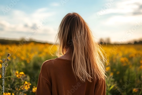 Woman with blonde hair looking out over a field of yellow wildflowers. Golden hour, peace, relaxation, and nature beauty.