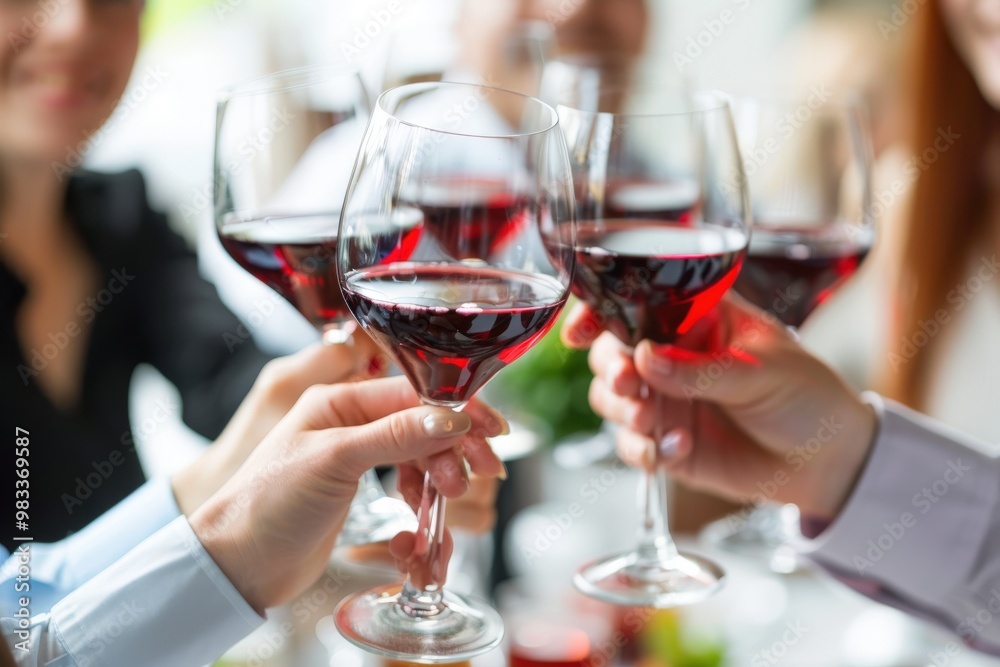 A group of people are holding up wine glasses in a celebratory manner, generative ai A group of people are holding up wine glasses in a celebratory manner, generative ai