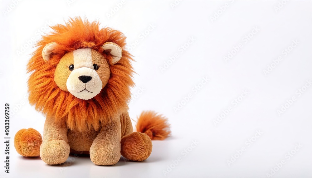 Stuffed animal of a Lion. cute, adorable, plush, soft, companion friend and night time sleep toy for young boy and girl children. Isolated on white background with copy space Stuffed animal of a Lion. cute, adorable, plush, soft, companion friend and night time sleep toy for young boy and girl children. Isolated on white background with copy space