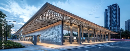 A public transportation station clad in perforated aluminum siding, designed to provide natural ventilation and a striking modern aesthetic to the urban landscape