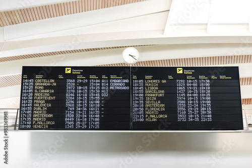 Airport departure boards displaying various flight times