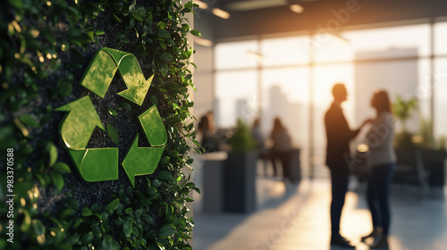 Eco friendly concept in Modern Office, modern office interior with blurred business people standing around