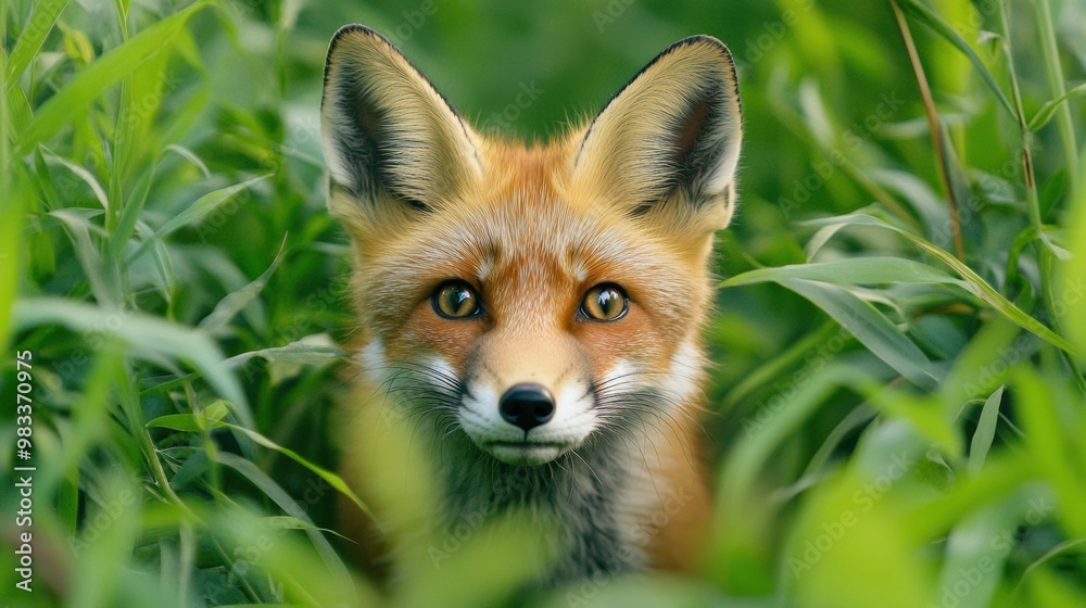 A close up of a fox in the grass looking at you, AI A close up of a fox in the grass looking at you, AI