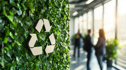 Eco friendly concept in Modern Office, modern office interior with blurred business people standing around