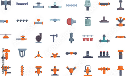 Set of plumbing elements showing different connecting pipes and valves for water supply system, pipeline construction, sanitary engineering, home renovation