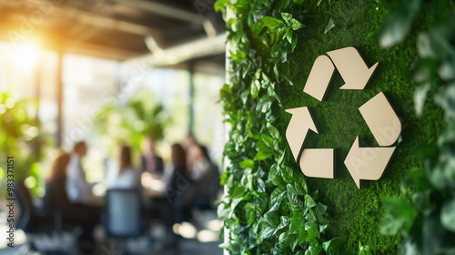 Eco friendly concept in Modern Office, modern office interior with blurred business people standing around