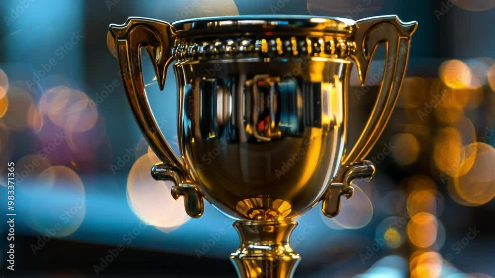 The trophy, crafted from shiny metal, reflects warm bokeh lights in the background, showcasing its importance at a recent award ceremony amid a celebratory atmosphere. The trophy, crafted from shiny metal, reflects warm bokeh lights in the background, showcasing its importance at a recent award ceremony amid a celebratory atmosphere.