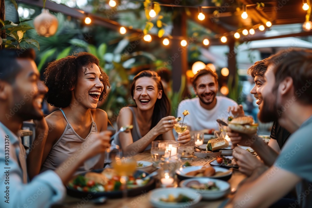 Obraz premium A group of people are laughing and enjoying a meal together generative ai