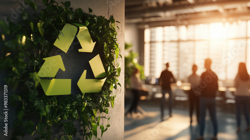 Eco friendly concept in Modern Office, modern office interior with blurred business people standing around
