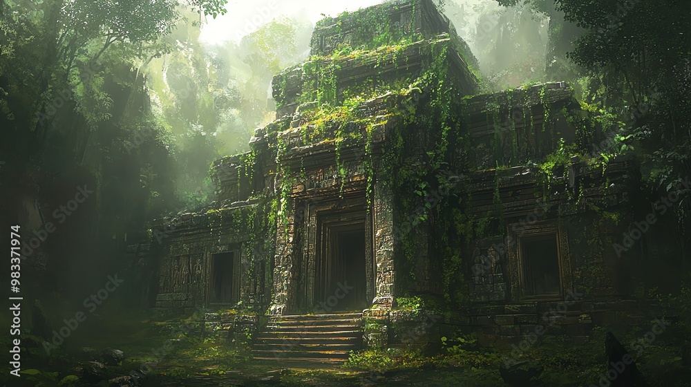 An ancient temple overgrown with vines and foliage in a lush jungle. An ancient temple overgrown with vines and foliage in a lush jungle.