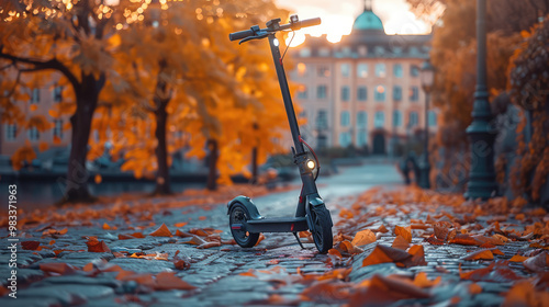 An electric scooter parked by a scenic urban path, promoting eco-friendly transportation