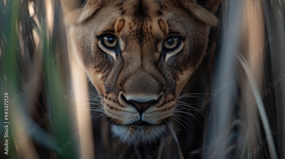 Fototapeta premium A close-up of a lioness's face captures its intense gaze amidst tall grass, showcasing its majestic features, Perfect for wildlife conservation projects, animal education materials
