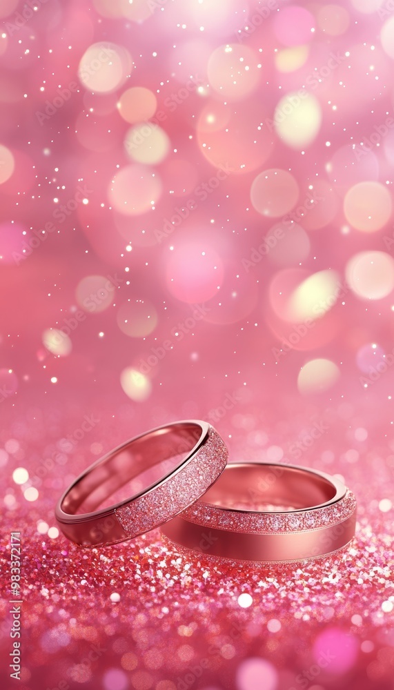 Two Wedding Rings On Pink Background With Sparkling Glitter. Valentines Day Concept, Copy Space Two Wedding Rings On Pink Background With Sparkling Glitter. Valentines Day Concept, Copy Space