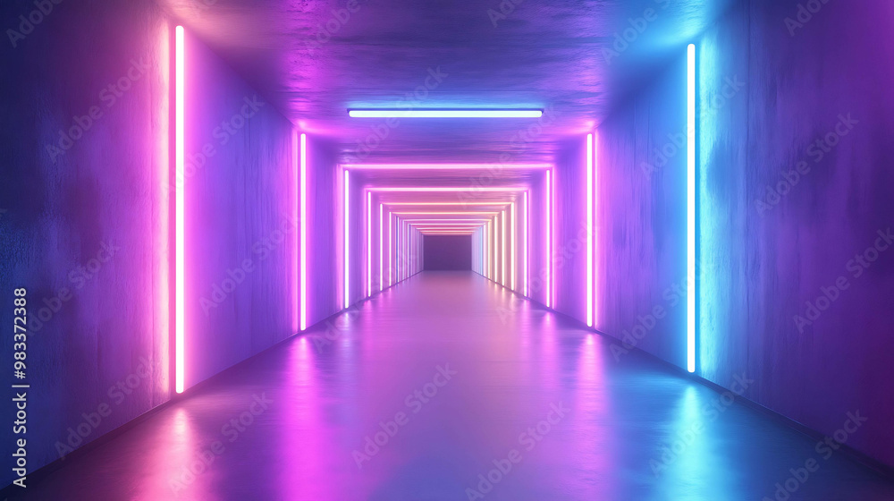 Neon lights illuminate a long, empty hallway. Neon lights illuminate a long, empty hallway.