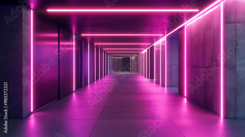 Long, empty hallway illuminated with neon pink lights.