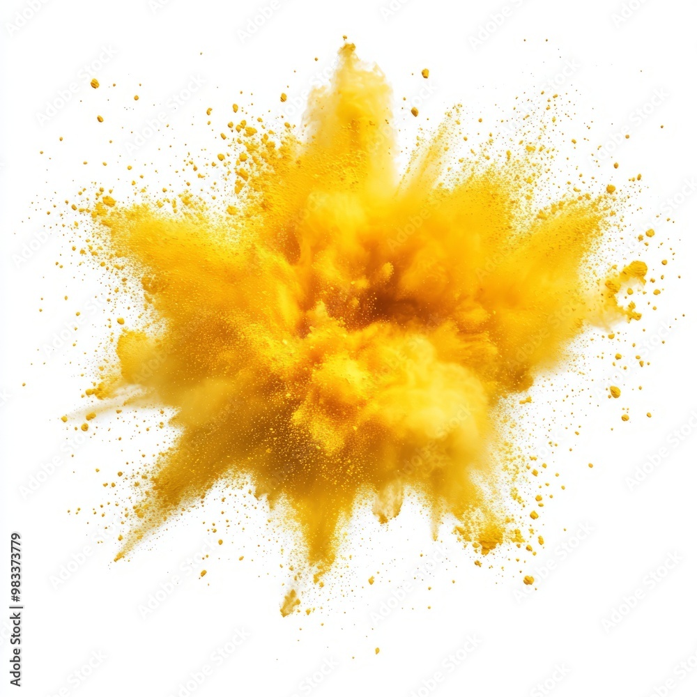 Vibrant Yellow Powder Explosion on White Background Vibrant Yellow Powder Explosion on White Background