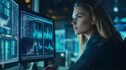 A young businesswoman is focused on the screen in front of her, analyzing data and charts.