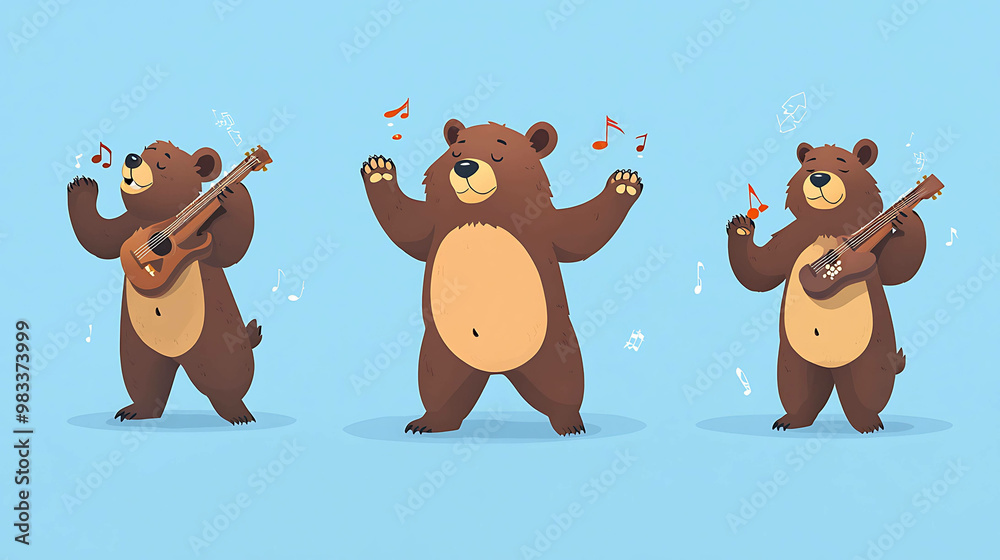 Three brown bears are shown playing music on a blue background. Three brown bears are shown playing music on a blue background.