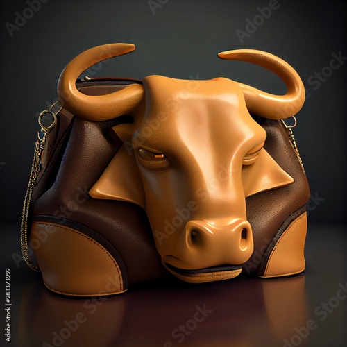 The bag is made of brown leather and features a detailed and intricate bullhead design. photo