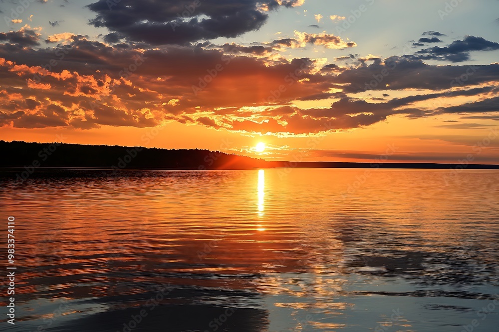 Fototapeta premium Stunning golden sunset over tranquil lake with dramatic cloudscape