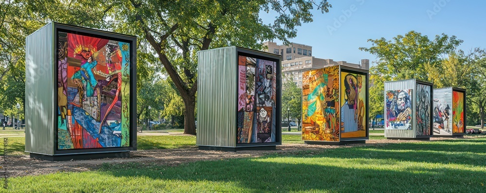 Obraz premium A series of artist-designed aluminum siding installations in a city park, each reflecting different cultural themes and contributing to an outdoor gallery experience