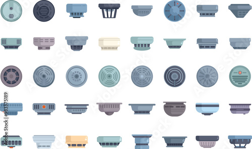 Collection of various smoke detector icons, highlighting different designs and styles for fire safety and prevention