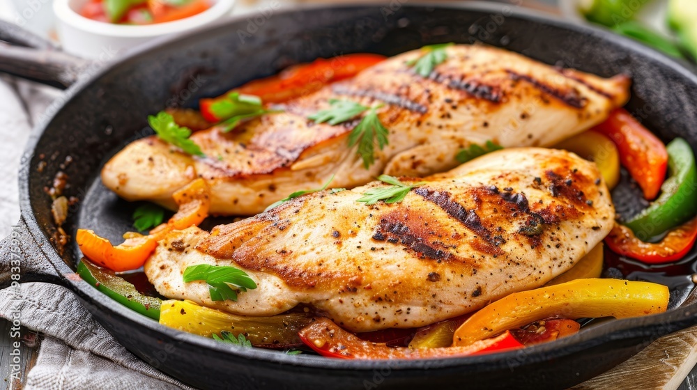 Sizzling Chicken Fajitas Delicious Main Course with Grilled Peppers and Onions in Cast Iron Pan. Sizzling Chicken Fajitas Delicious Main Course with Grilled Peppers and Onions in Cast Iron Pan.