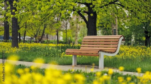 A photo of a concrete bench in a park. The bench is situated near a tree, with lush green leaves. There's a path leading to the bench. The background contains other benches and trees. 