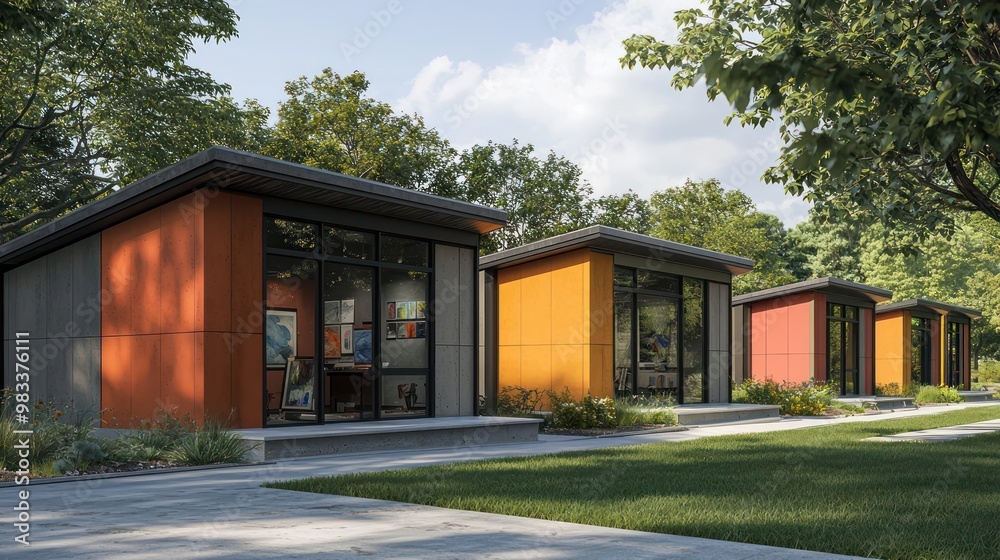 A series of artist studios on a university campus, each featuring a different style and color of fiber cement siding to inspire creativity A series of artist studios on a university campus, each featuring a different style and color of fiber cement siding to inspire creativity