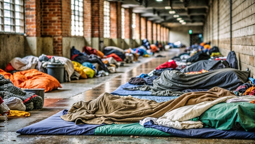 © FatePSE - Interior of a homeless shelter with bedding and sleeping bags, authentic societal scene, focus on living conditions