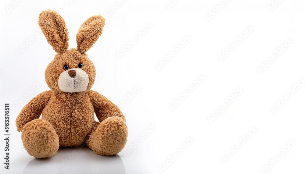 Stuffed animal of a bunny rabbit. cute, adorable, plush, soft, companion friend and night time sleep toy for young boy and girl children. Isolated on white background with copy space Stuffed animal of a bunny rabbit. cute, adorable, plush, soft, companion friend and night time sleep toy for young boy and girl children. Isolated on white background with copy space