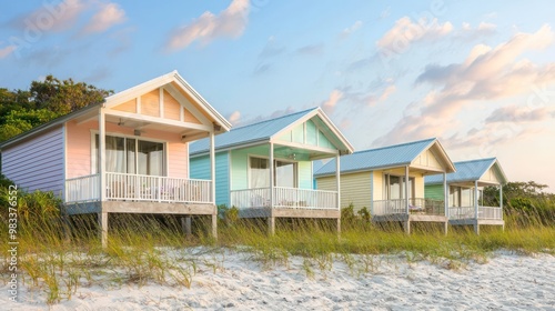 A series of beachfront bungalows designed with weatherproof fiber cement siding in pastel colors, ideal for resisting salt spray and strong winds