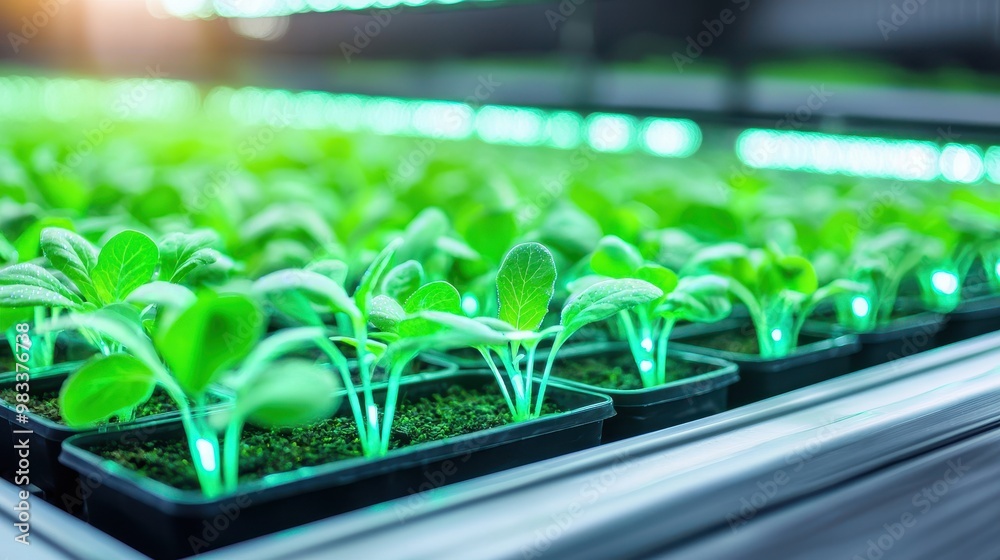 Green Seedlings Growing Under LED Lights in Hydroponic System Green Seedlings Growing Under LED Lights in Hydroponic System