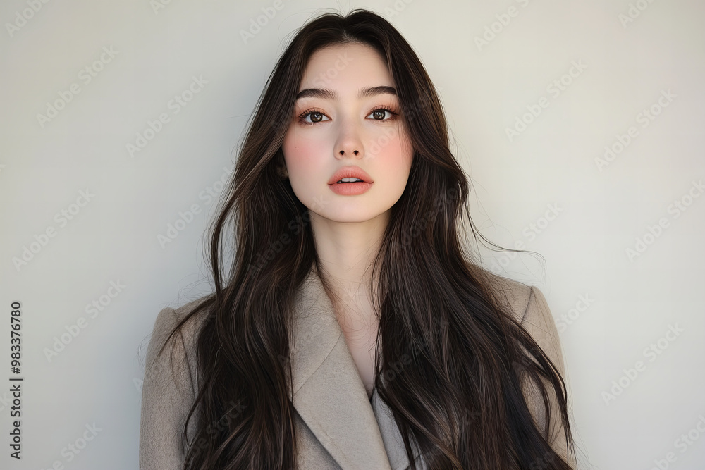 Fototapeta premium Young Woman in a Modern Portrait – Radiating Confidence and Beauty with a Natural, Polished Look Perfect for Branding, Advertising, and Professional Projects Minimalist Neutral Aesthetics