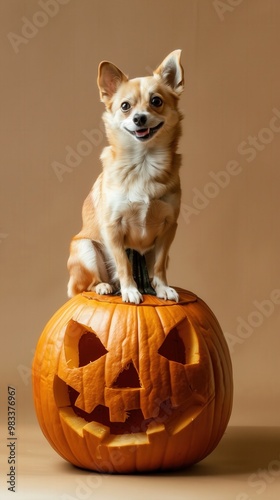 Cute dog sitting on a carved Halloween pumpkin against a beige background, festive fall decoration photo