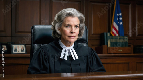 Serious Female Judge in Courtroom with American Flag in Background photo