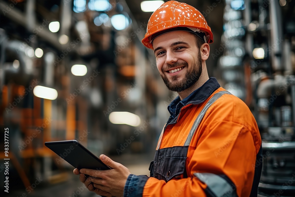 realistic photo, a young engineer at a factory, with smiling wearing an industrial helmet, holding a tablet, industrial production behind him