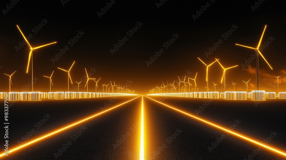 Futuristic Road with Neon Wind Turbines and Glowing Lines Futuristic Road with Neon Wind Turbines and Glowing Lines