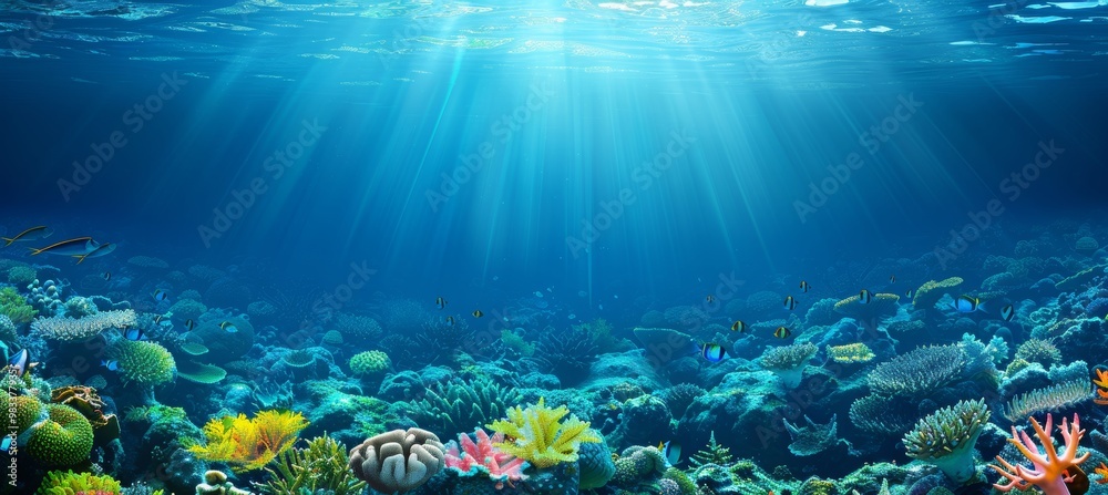 Fototapeta premium Sunlight Filtering Through Clear Ocean Water onto a Thriving Reef - Scene of Beauty and Life,