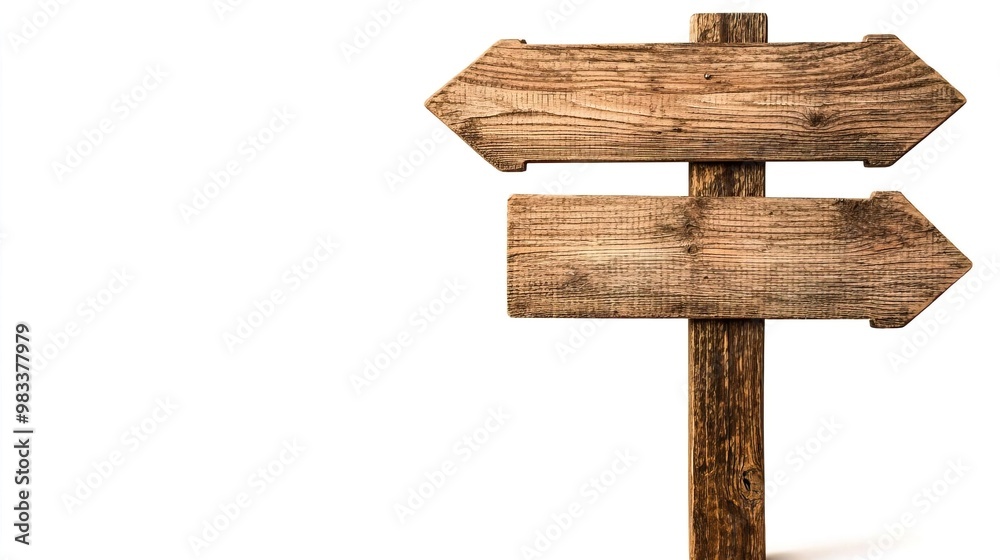 Wooden road sign with three arrows pointing in different directions, on a white background. Wooden road sign with three arrows pointing in different directions, on a white background.