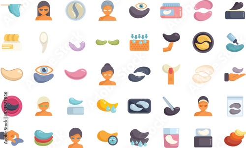 Diverse set of icons depicting women using under eye patches for a refreshing and rejuvenating skin treatment
