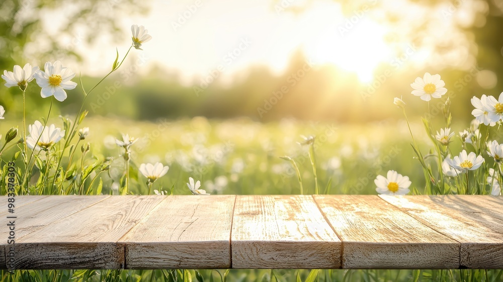 Fototapeta premium Wooden Tabletop Over Flower Field With Spring Sunshine