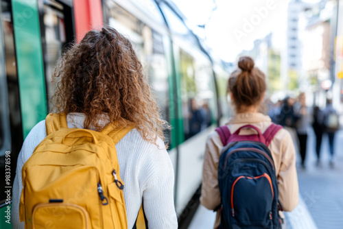 Two Women with Backpacks Waiting for Public Transport