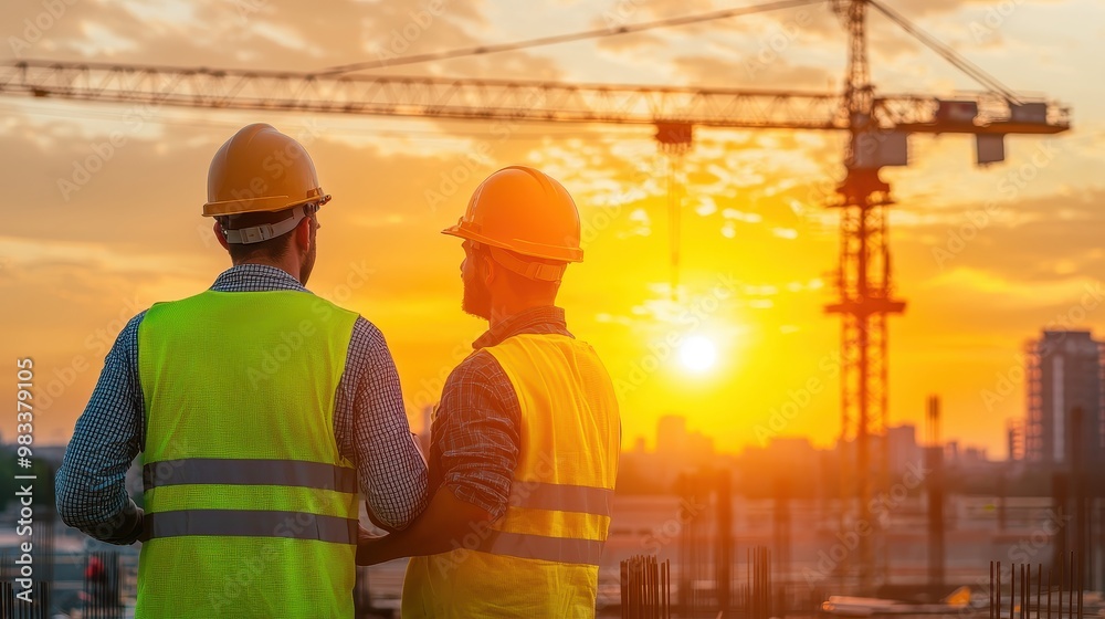 Construction Workers Looking at Sunset on Building Site Construction Workers Looking at Sunset on Building Site